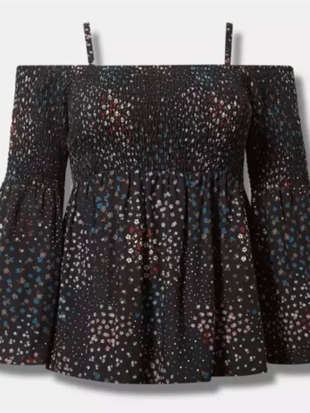 Smocked Cold Shoulder  Floral Peasant Top - Black 1x